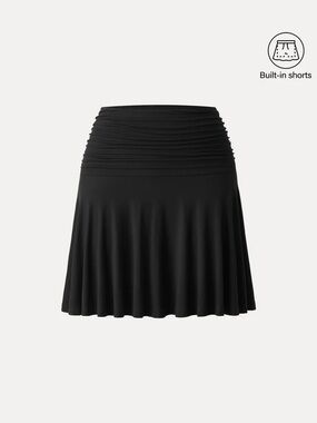 NWT OGL Eco-SkinKiss® Essential Ruched Mini Circle Skirt w/Lined Shorts in black